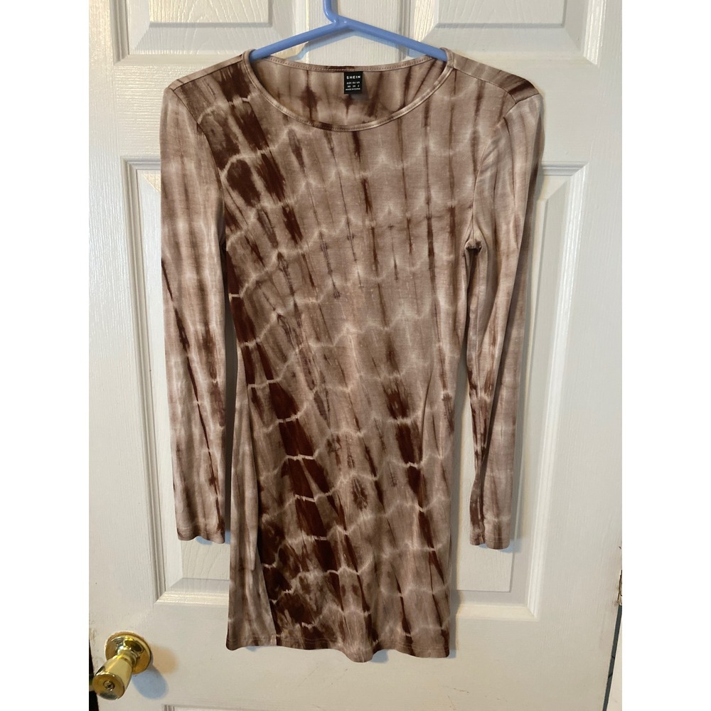 SHEIN Brown Tie Dye Long Sleeve Bodycon Mini Dress XS